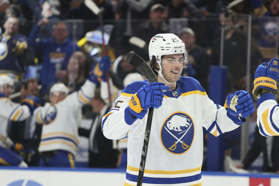 Buffalo Sabres defenseman Owen Power (25) celebrates his goal during the third period of the team's NHL hockey game against the Chicago Blackhawks on Friday, April 29, 2022, in Buffalo, N.Y. (AP Photo/Joshua Bessex)