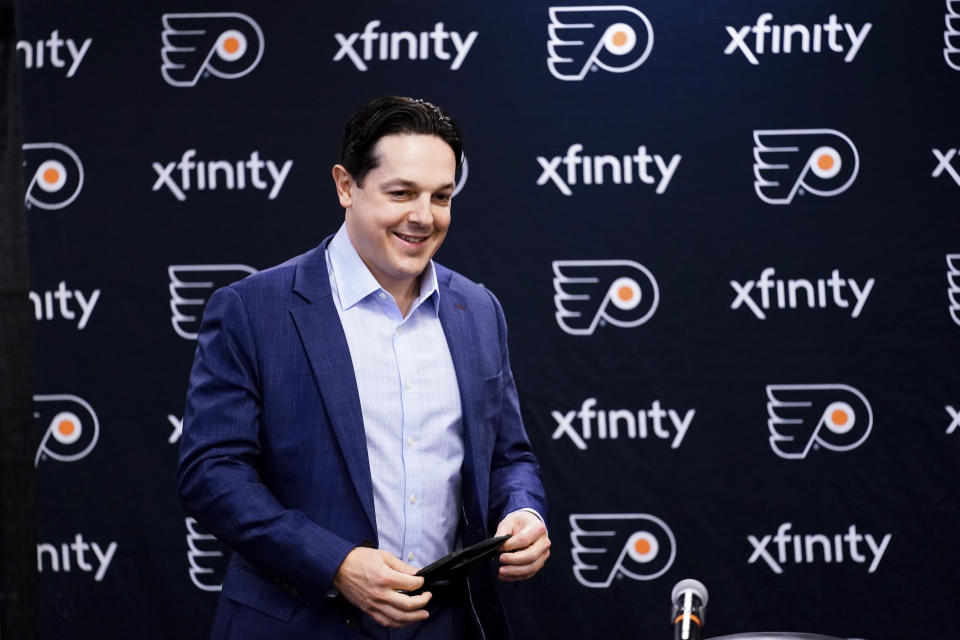 FILE - Philadelphia Flyers NHL hockey team newly appointed Special Assistant to the General Manager, Daniel Briere, arrives for a news conference in Philadelphia, Wednesday, Feb. 9, 2022. The Flyers have named long-time television analyst Keith Jones team president of hockey operations and have removed the interim tag from general manager Danny Briere's title. Jones was a surprise choice Thursday, May 11, 2023, after he spent the last 23 years as an analyst for Flyers telecasts on NBC Sports Philadelphia. (AP Photo/Matt Rourke, File)