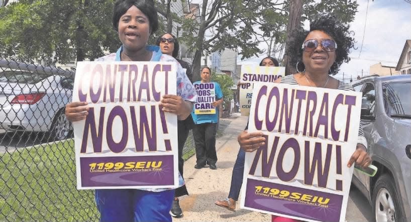 Dozens of nursing home workers at Alameda Center for Rehabilitation and Healthcare in Perth Amboy held an informational picket on Tuesday, July 31, 2018.
