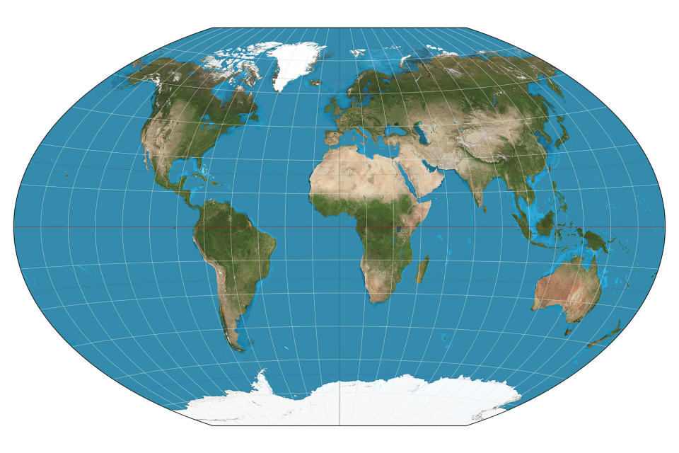 La proyección Winkel Tripel, llamada así porque pretende minimizar tres tipos de distorsión: área, dirección y distancia. (Daniel R. Strebe/Wikimedia Commons/The New York Times)
