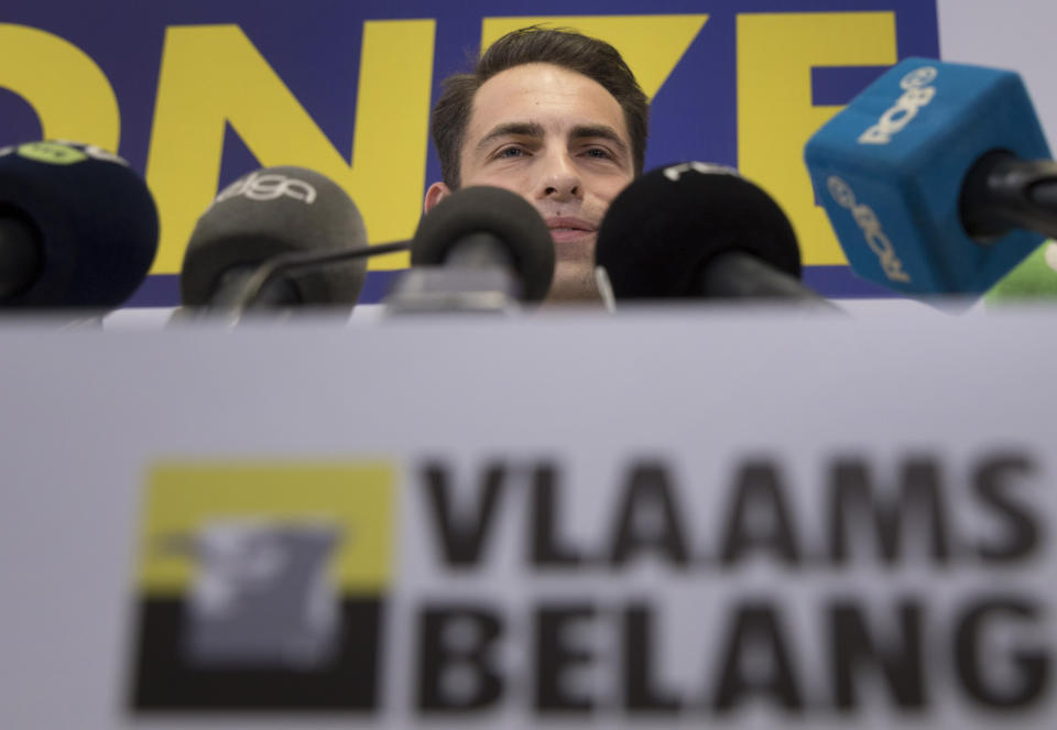 Far-right leader and chairman of the Vlaams Belang Tom Van Grieken speaks during a media conference at the party headquarters in Brussels, Monday, May 27, 2019. Vlaams Belang was the biggest winner in the Belgian elections Sunday after it had been consistently shut out of coalitions over the past quarter century. (AP Photo/Virginia Mayo)