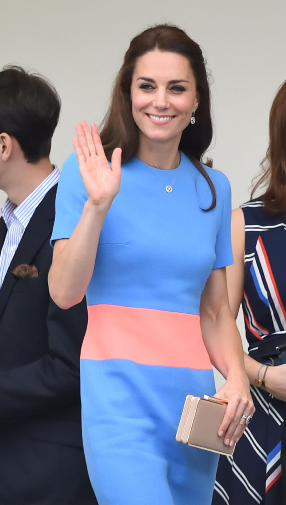 <p>Kate’s colour block Roksanda Ilincic dress turned heads at the Patron’s Lunch in honour of the Queen’s 90th birthday. In shades of blue, sorbet and blush, the Duchess opted for a nude clutch and heels - both from her trusted L.K. Bennett.</p><p><i>[Photo: PA]</i></p>