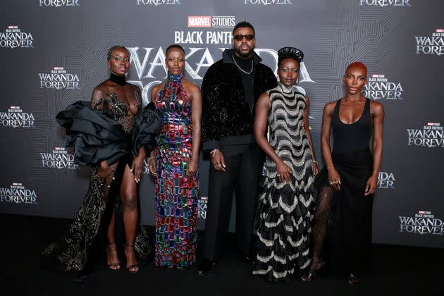 Danai Gurira, Florence Kasumba, Winston Duke, Lupita Nyong'o and Michaela Coel attend the Black Panther premiere at Cineworld Leicester Square on Nov. 3 in London.