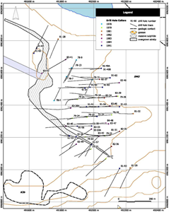 Historical drilling in relation to massive sulphide zone at surface, SRK Technical Report, 2010(A)