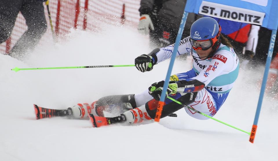 Slovakia's Petra Vlhova competes during a slalom qualifying run for a women's World Cup parallel event, in St. Moritz, Switzerland, Sunday, Dec. 9, 2018. (AP Photo/Marco Trovati)