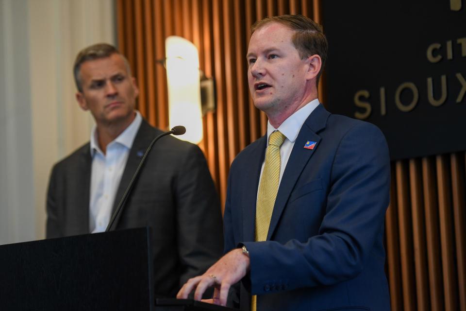 Mayor Paul TenHaken announces Joe Kippley as the new Public Health Director during the media briefing meeting on Wednesday, May 15, 2024, at City Hall in Sioux Falls.