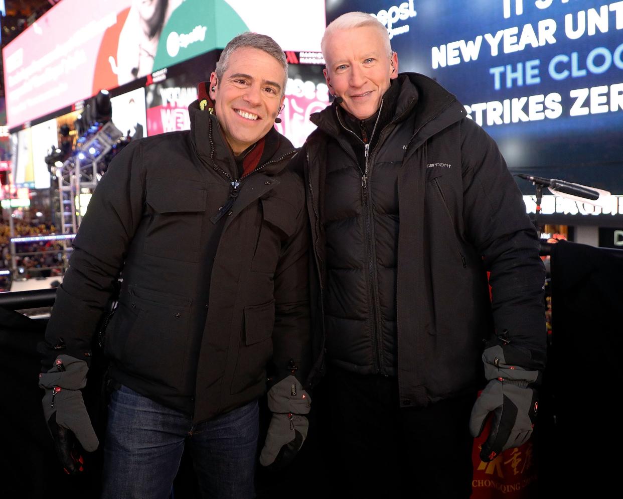 Andy Cohen and Anderson Cooper host CNN's New Year's Eve coverage on December 31, 2017 in New York City.