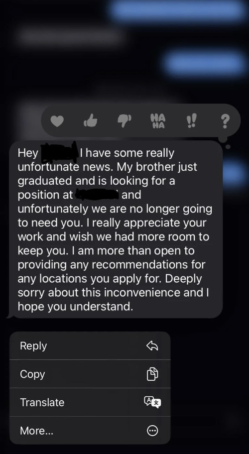 Text message expressing job application rejection without recommendation, overlayed on a blurred background