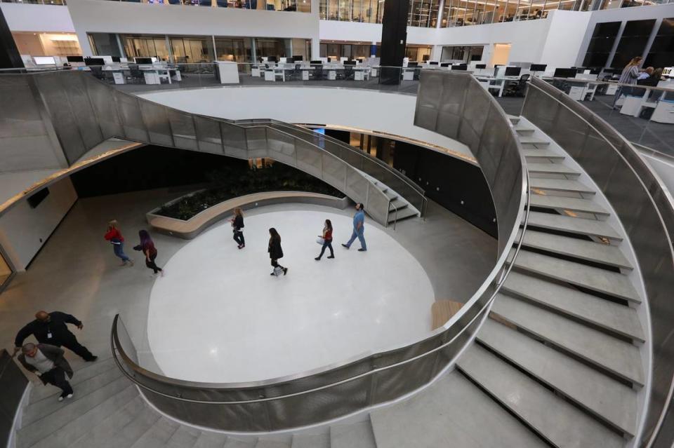 File photo from July 2021 of a winding staircase in the second floor newsroom inside the new Telemundo Center, a $250 million HQ building.