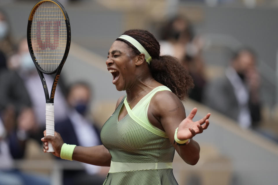 United States Serena Williams react as she plays against United States's Danielle Collins during their third round match on day 6, of the French Open tennis tournament at Roland Garros in Paris, France, Friday, June 4, 2021. (AP Photo/Christophe Ena)