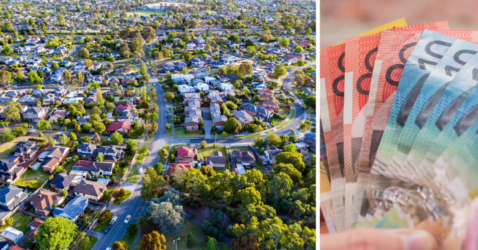 Aerial view of Melbourne suburb and Australian money being fanned out.