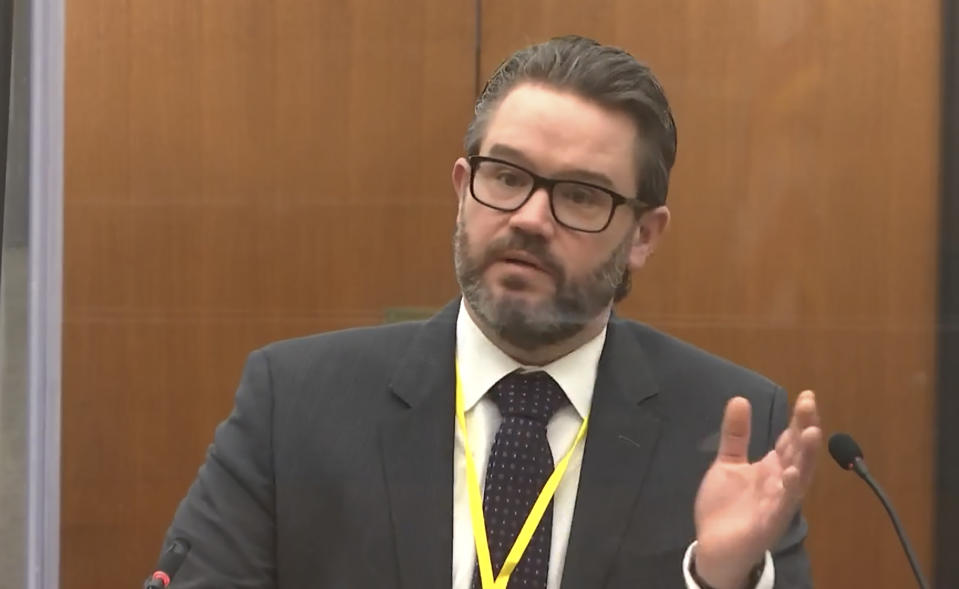 In this screen grab from video, defense attorney Eric Nelson speaks as Hennepin County Judge Peter Cahill presides over jury selection in the trial of former Minneapolis police officer Derek Chauvin on Wednesday, March 17, 2021 at the Hennepin County Courthouse in Minneapolis, Minn. Chauvin is charged in the May 25, 2020 death of George Floyd. (Court TV, via AP, Pool)