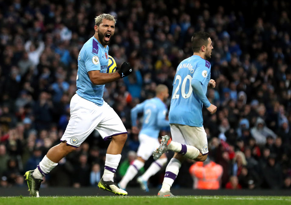 Manchester City's Sergio Aguero celebrates scoring his side's first goal of the game during the Premier League match at The Etihad Stadium, Manchester. (Photo by Martin Rickett/PA Images via Getty Images)