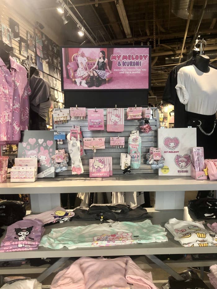 Display of Hello Kitty merchandise from the "My Melody x Kuromi" line at Hot Topic