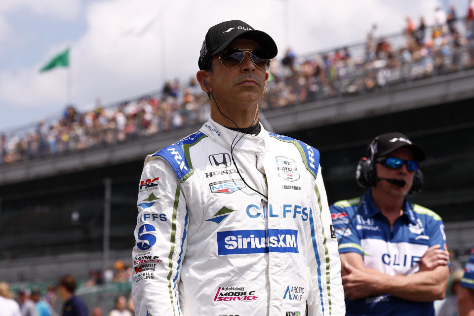 INDIANAPOLIS, IN – MAY 18: Four-time Indy 500 champion Helio Castroneves of Brazil (06) driving for Meyer Shank W/Curb-Agajanian prepares for this qualifying run during the NTT IndyCar Series Indianapolis 500 qualifying qualifiers on May 18, 2024 at the Indianapolis Motor Speedway in Indianapolis, IN.  (Photo by Jeffrey Brown/Icon Sportswire via Getty Images)