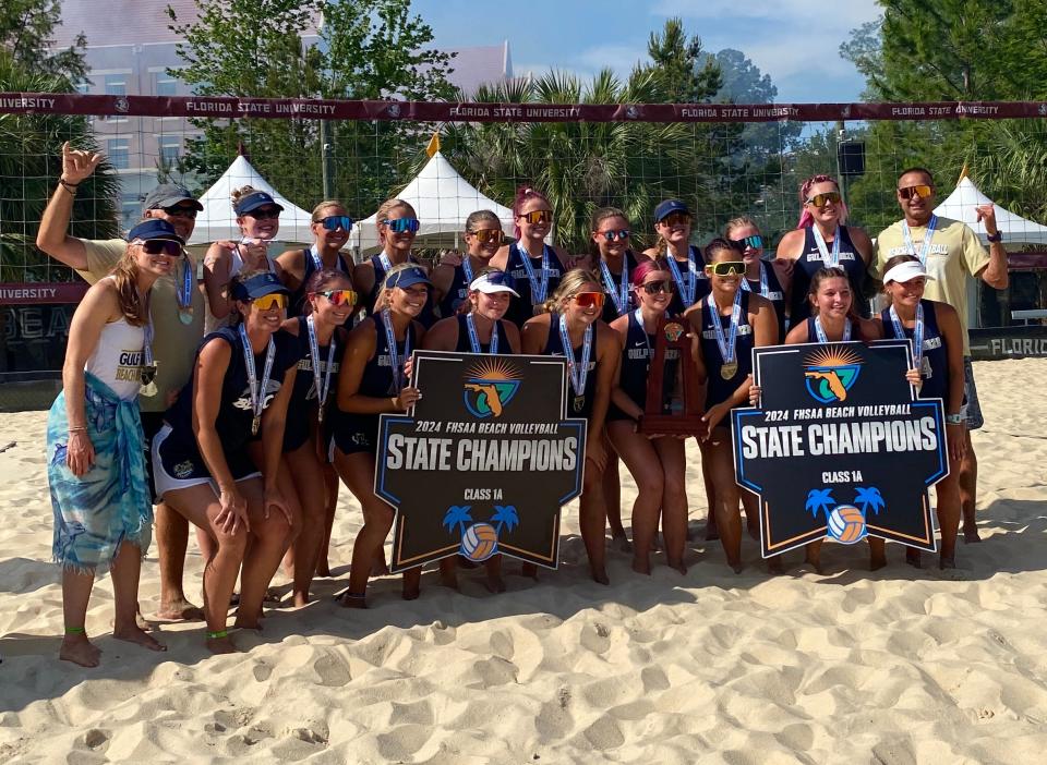 Gulf Breeze beach volleyball defeated St. Thomas Aquinas 3-1, Berkely Prep 3-2 to win the FHSAA Beach Volleyball State Championship at Florida State University on Sunday, May 12, 2024.