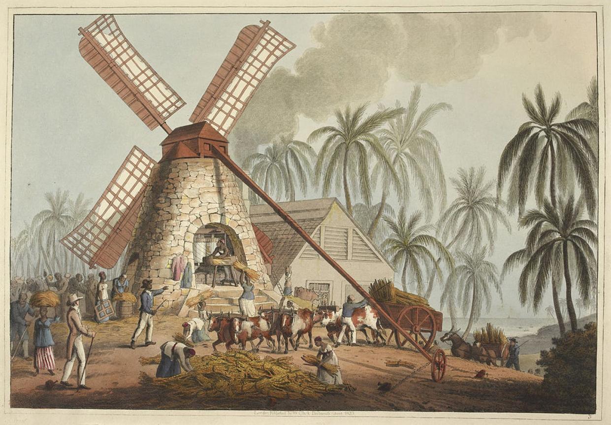 <span class="caption">An illustration of a sugar plantation in Antigua.</span> <span class="attribution"><a class="link " href="https://en.wikipedia.org/wiki/Sugar_plantations_in_the_Caribbean#/media/File:The_Mill_Yard_-_Ten_Views_in_the_Island_of_Antigua_(1823),_plate_V_-_BL.jpg" rel="nofollow noopener" target="_blank" data-ylk="slk:The British Library;elm:context_link;itc:0;sec:content-canvas">The British Library</a>, <a class="link " href="http://creativecommons.org/licenses/by-nd/4.0/" rel="nofollow noopener" target="_blank" data-ylk="slk:CC BY-ND;elm:context_link;itc:0;sec:content-canvas">CC BY-ND</a></span>