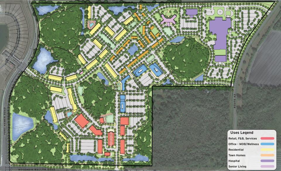 A conceptual plan for a Village Center slated to be built at the Villages of Amazon South, which is a part of North River Ranch community in Parrish. It includes plans for a mix of residential space, multifamily housing, retail and office space, as well as a 150-bed hospital and a senior living facility.