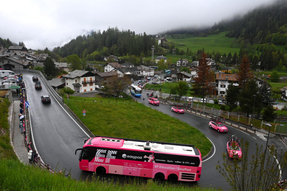CRANSMONTANA SWITZERLAND  MAY 19 Team EF EducationEasyPost cars and bus on its way to the new start localisation during the 106th Giro dItalia 2023 Stage 13 a 75km stage from Le Chable to CransMontana  Valais 1456m  Stage shortened due to the adverse weather conditions  UCIWT  on May 19 2023 in CransMontana Switzerland Photo by Tim de WaeleGetty Images