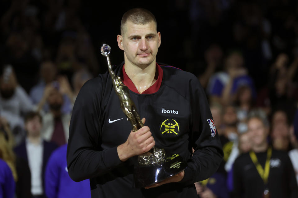 DENVER, COLORADO - MAY 14: Nikola Jokic #15 of the Denver Nuggets poses with the Michael Jordan MVP trophy prior to Game Five of the Western Conference Second Round Playoffs against the Minnesota Timberwolves at Ball Arena on May 14, 2024 in Denver, Colorado. NOTE TO USER: User expressly acknowledges and agrees that, by downloading and or using this photograph, User is consenting to the terms and conditions of the Getty Images License Agreement. (Photo by Matthew Stockman/Getty Images)