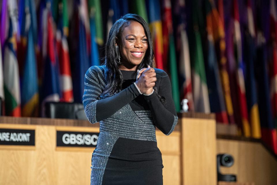 U.S. teacher Keishia Thorpe reacts after winning the Global Teacher Prize 2021 at the UNESCO headquarters in Paris, on November 10, 2021. / Credit: Bertrand Guay/AFP via Getty Images