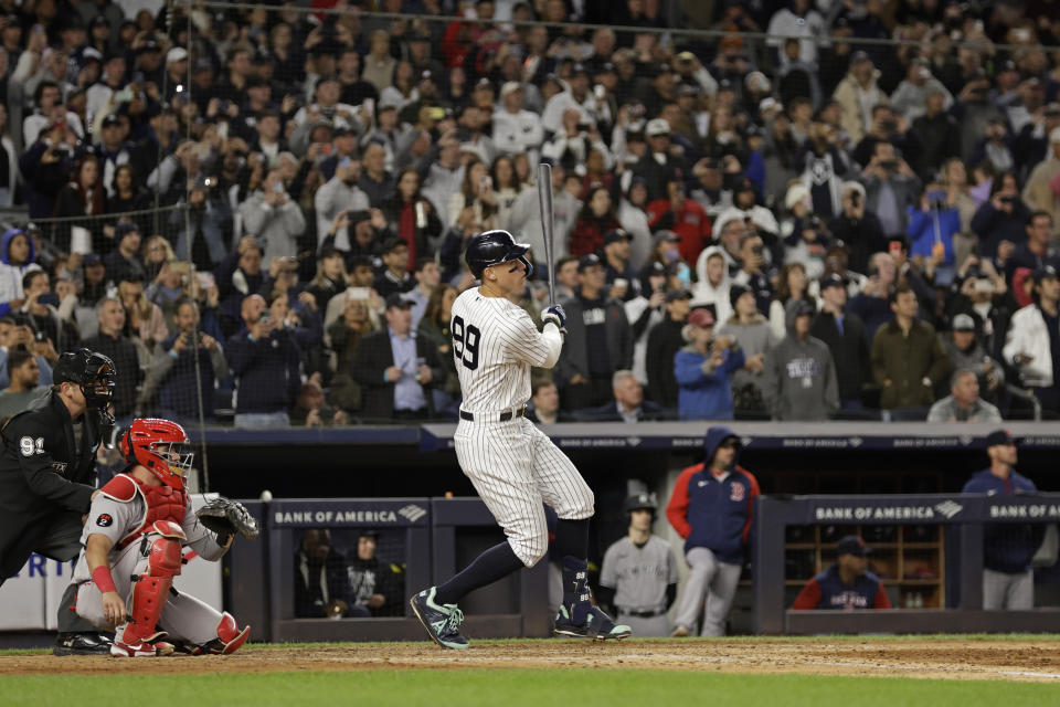 New York Yankees' Aaron judge watches a single during the seventh inning of the team's baseball game against the Boston Red Sox on Friday, Sept. 23, 2022, in New York. (AP Photo/Adam Hunger)