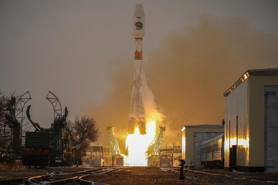 Russian Soyuz-2.1b booster rocket with the Fregat upper stage and the first Arktika-M spacecraft for monitoring climate and environment in the Arctic region, during lift-off (EPA)