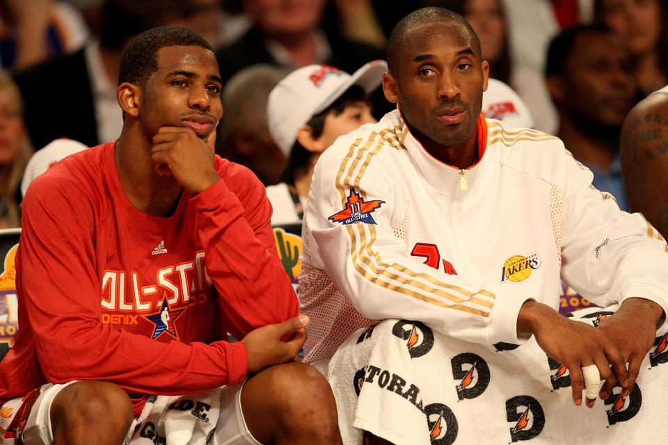 Chris Paul（圖左）與Kobe Bryant於2009年NBA全明星賽中扛起西區先發後場。（Photo by Ronald Martinez/Getty Images）