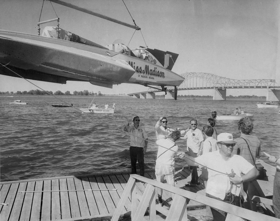 Miss Madison is lifted out of the Columbia River after the last race on July 25, 1971.