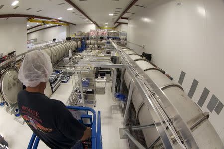 A bird's eye view of Laser Interferometer Gravitational-wave Observatory (LIGO) Hanford laboratory's laser and vacuum equipment area (LVEA) which houses the pre-stabilized laser, beam splitter, input test masses, and other equipment near Hanford, Washington is shown in this June 26, 2014 photo released by Caltech/MIT/LIGO Laboratory on February 8, 2016. REUTERS/Caltech/MIT/LIGO Laboratory/Handout via Reuters