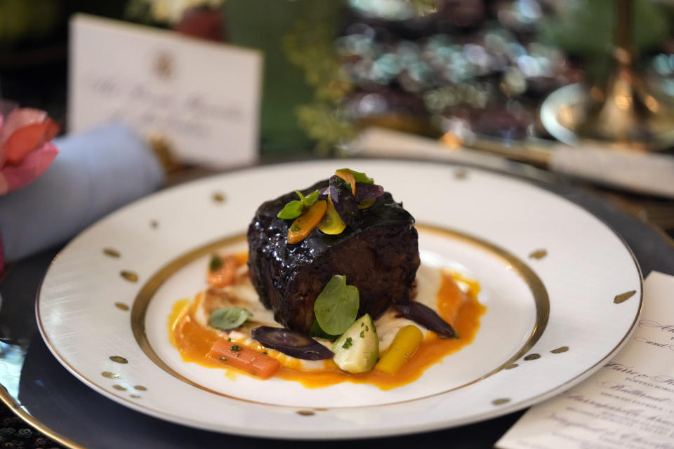 The main course of braised short ribs is seen at a media preview for the State Dinner on Wednesday with Australia's Prime Minister Anthony Albanese Tuesday, Oct. 24, 2023, at the White House in Washington. (AP Photo/Mark Schiefelbein)
