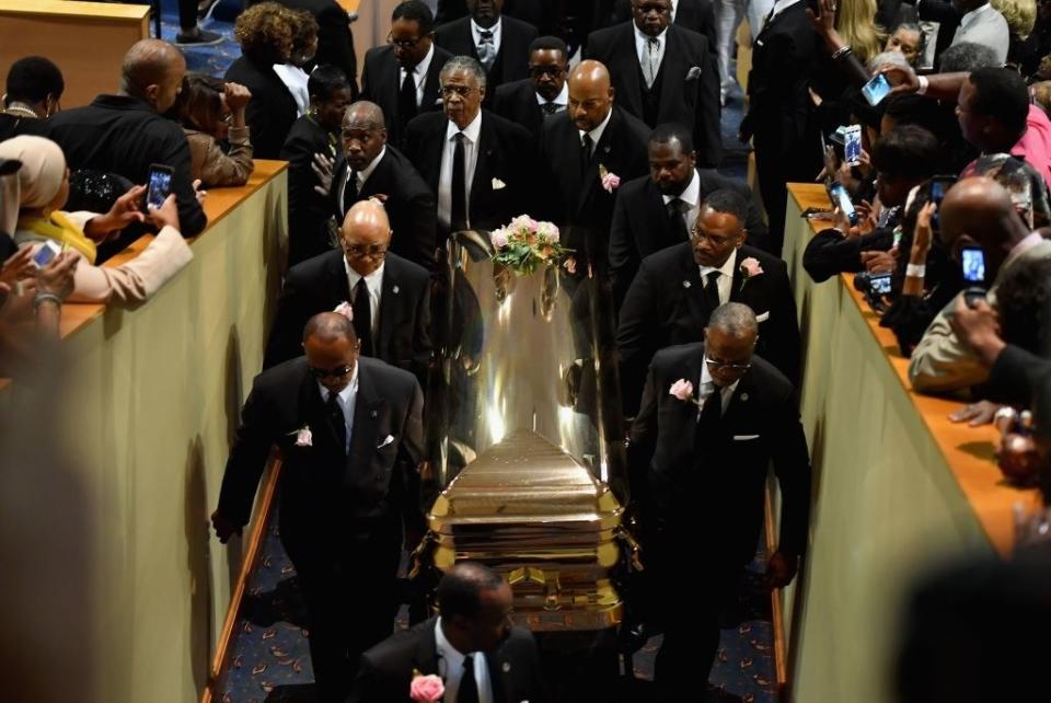 Pallbearers carry Aretha Franklin's casket after the funeral ceremony