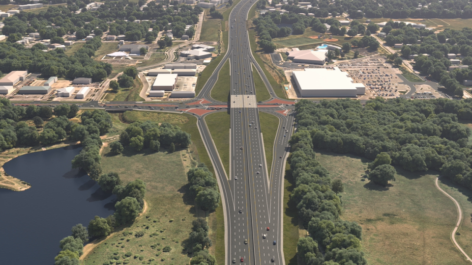 Proposed concept for a diverging diamond interchange at K-96 and Woodlawn. In this style of interchange, signalized crossing lanes minimize conflict points by eliminating left turns against oncoming traffic. Courtesy of the Kansas Department of Transportation