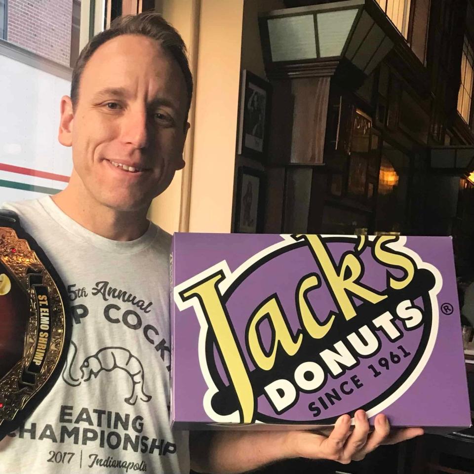 No. 1-ranked competitive eater Joey Chestnut will try to conquer Jack's Donuts holes May 27 in New Castle, Ind.