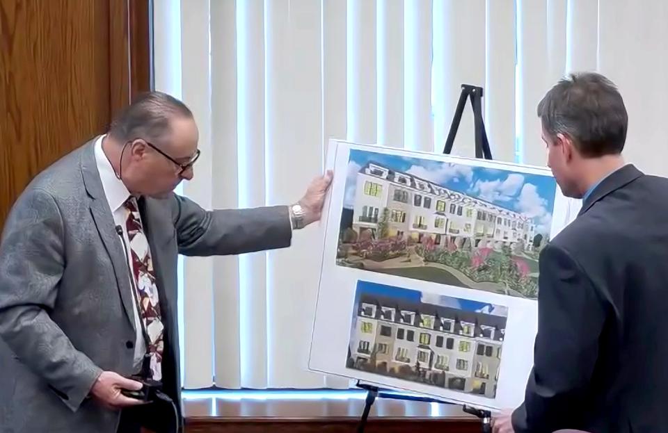Architect Thomas Brennan for Ray Rap Realty Inc. presents the revised plans for the delayed Azalea Gardens project in Red Bank. April 20, 2023