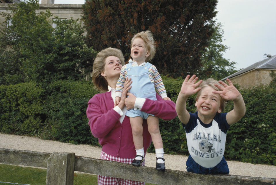 Princes William and Harry with their mother, Diana, Princess of Wales in the garden of Highgrove House in Gloucestershire, 18th July 1986.