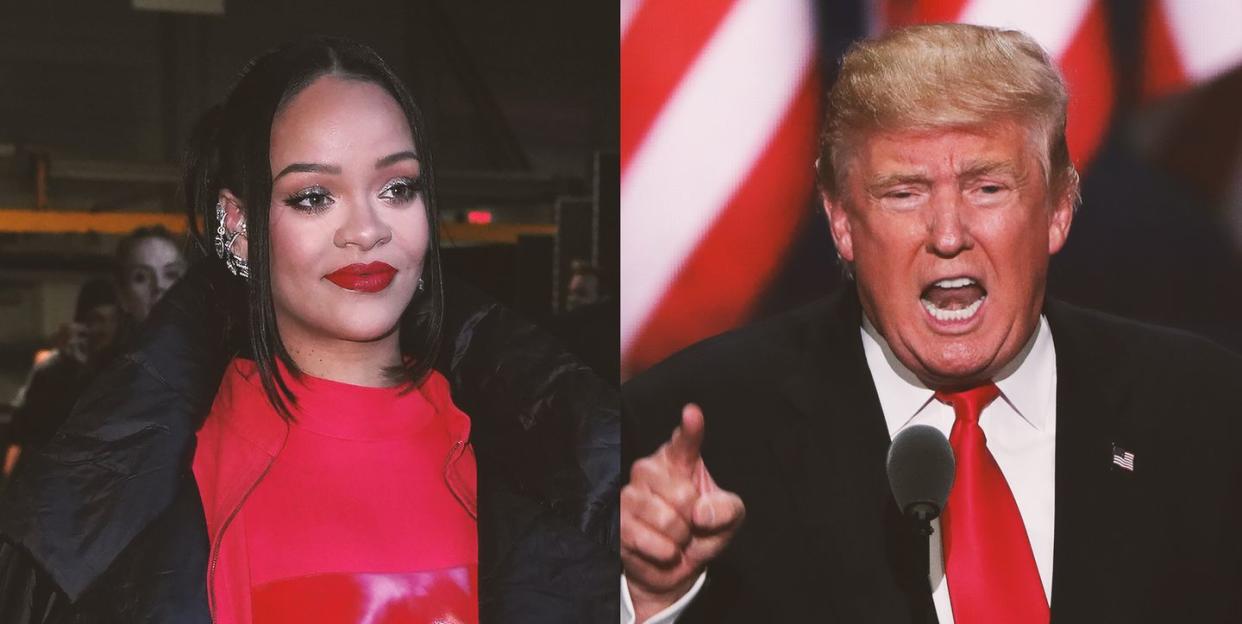 a side by side of rihanna at the super bowl and trump yelling at a rally