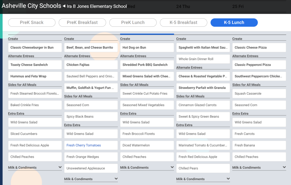 First week of school menu, Aug. 28-Sep.1, at Ira B. Jones Elementary in the Asheville City Schools District.