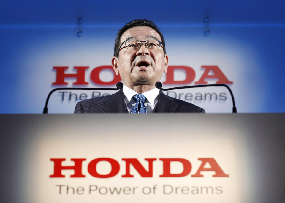 Honda's President and CEO Takahiro Hachigo speaks during a press conference in Tokyo Tuesday, Feb. 19, 2019. Honda Motor Co. plans to close its car factory in western England in 2021, the company said Tuesday, in a fresh blow to the British economy as it faces its March 29 exit from the European Union. (Yuya Shino/Kyodo News via AP)