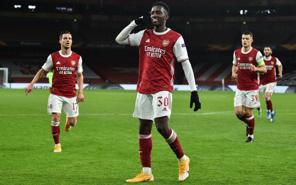Arsenal's English striker Eddie Nketiah celebrates after scoring his team's first goal during the UEFA Europa League 1st round day 2 Group B football match between Arsenal and Dundalk at the Emirates Stadium in London on October 29, 2020. - AFP/GLYN KIRK 