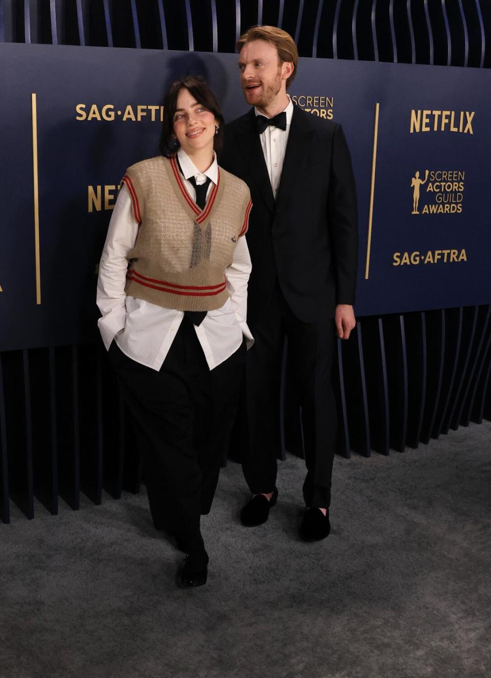 Billie Eilish and Finneas pose at the SAG Awards.