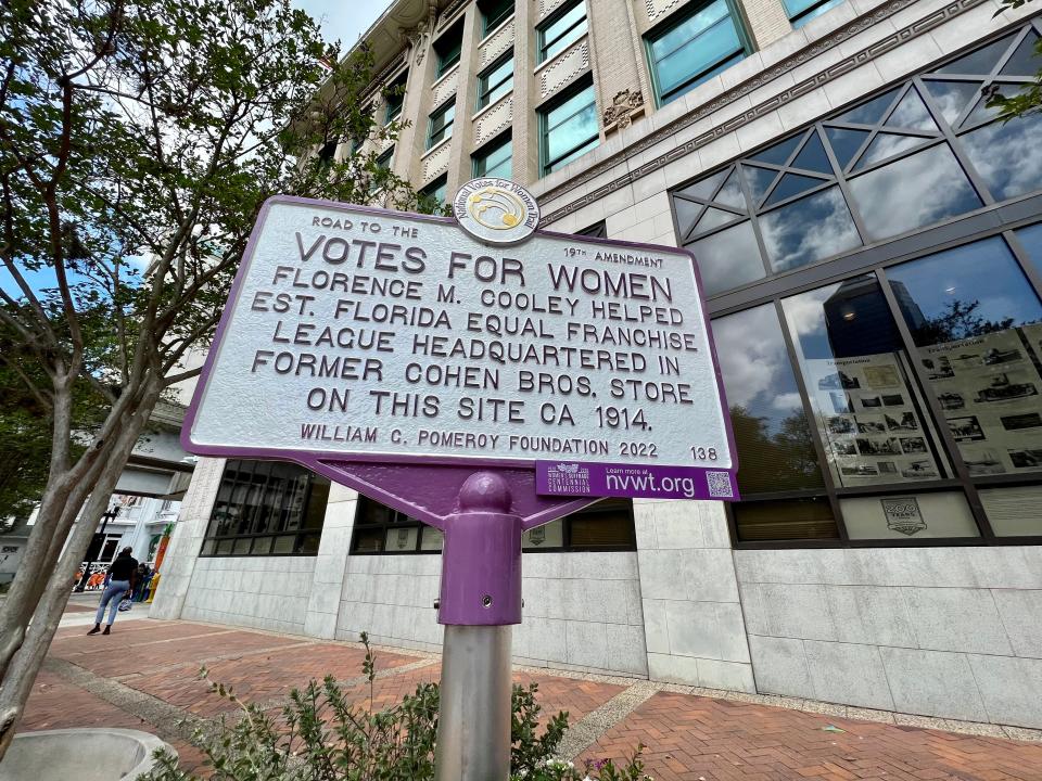 A marker in front of Jacksonville City Hall recognizes Florence Murphy Cooley for helping to establish the Florida Equal Franchise League — the first women's suffrage organization in Jacksonville — in the building, then Cohen Brothers department store, in 1914.