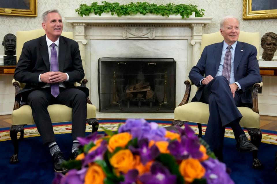 Joe Biden meets with House speaker Kevin McCarthy to discuss the debt limit in the Oval Office of the White House (AP)