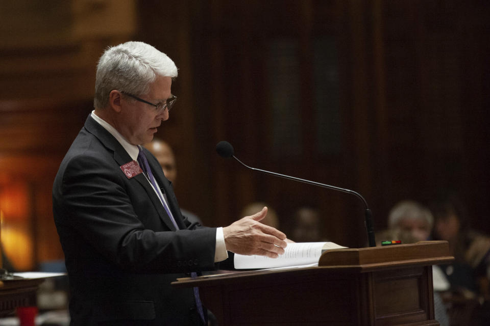 House Election Integrity Chairman Stan Gunter speaks about election bill SB 89 on Sine Die, the last day of the General Assembly at the Georgia State Capitol in Atlanta on Monday, April 4, 2022. (Branden Camp /Atlanta Journal-Constitution via AP)