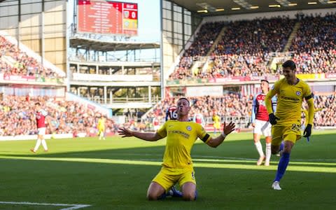 Ross Barkley of Chelsea celebrates after scoring a goal to make it 0-2 during the Premier League match between Burnley FC and Chelsea - Credit: GETTY IMAGES