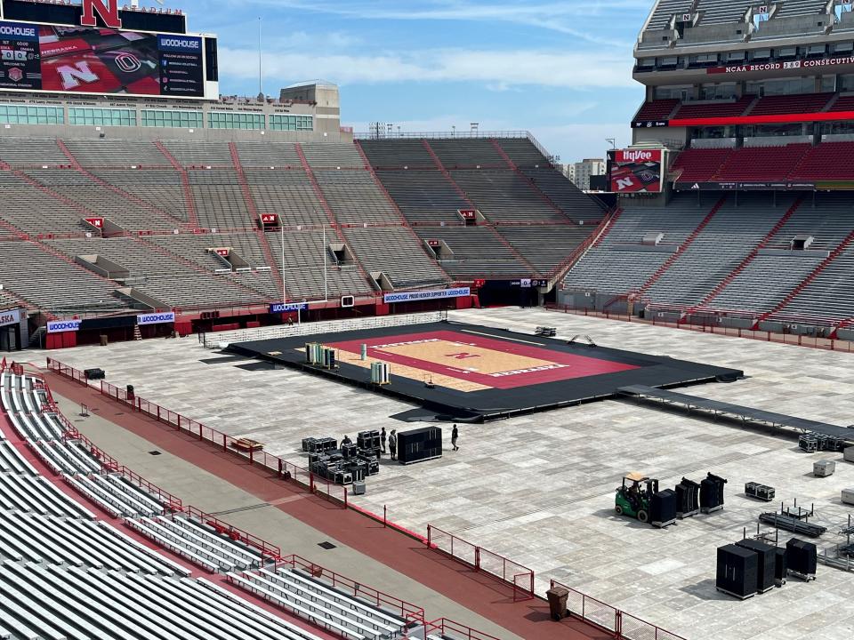 A view of the volleyball court placed in Memorial Stadium where Nebraska will host Nebraska-Omaha on Wednesday, Aug. 30, 2023.