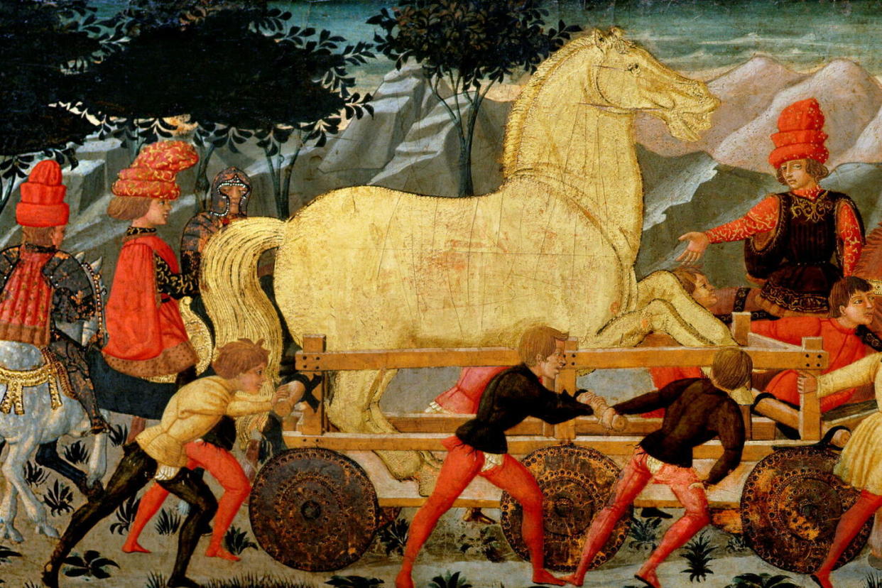 « Panneau de cassone, le cheval de Troie », de Giovanni di Ser Giovanni Guidi (1406-1486).  - Credit:Bridgeman Images