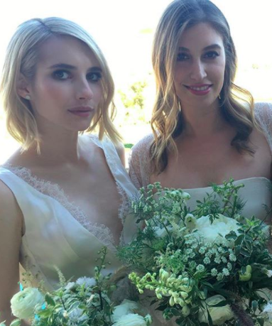 <p>Emma Roberts was asked to be Maid of Honour at her friend Kara Smith’s wedding in November, 2015. The actress donned a v-neck cream dress finished with a dainty lace trim. <em>[Photo: Instagram]</em> </p>