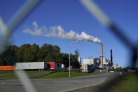 The Sappi paper mill produces pulp, Tuesday, Sept. 14, 2021, in Skowhegan, Maine. Gov. Janet Mills said she "will not allow" the mill to close, in response to concerns being raised by the owner of a nearby dam that's up for federal relicensing. "As one of the last remaining pulp mills in the state, it is also an integral component of our forest economy supply chain, supporting landowners, loggers, and truckers," said Mills.(AP Photo/Robert F. Bukaty)