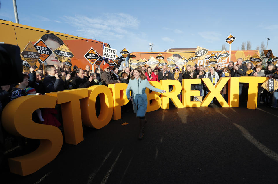 British opposition Liberal Democrats Party Leader Jo Swinson joins activists for a final day election rally at Esher Rugby Club in Hersham, England, Wednesday, Dec. 11, 2019 during the General Election campaign tour. Britain goes to the polls on Dec. 12.(AP Photo/Frank Augstein)